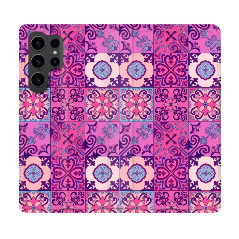 Housse Cuir Portefeuille Pour Samsung Galaxy S23 Ultra Texture Carreau Ciment Violet