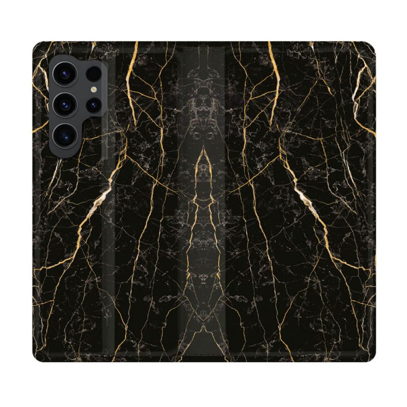 Housse Cuir Portefeuille Pour Samsung Galaxy S23 Ultra Texture Marbre Noir