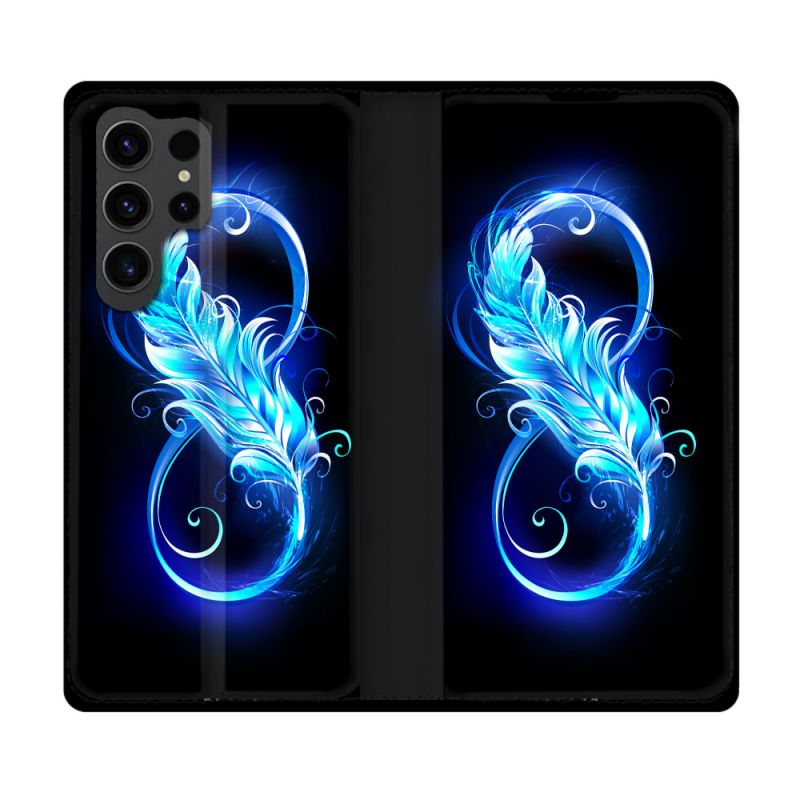 Housse Cuir Portefeuille Pour Samsung Galaxy S23 Ultra Texture Plume Infini Bleu