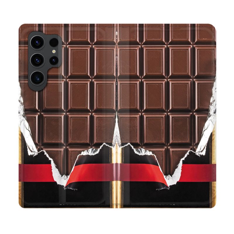 Housse Cuir Portefeuille Pour Samsung Galaxy S23 Ultra Texture Trompe Oeil Chocolat
