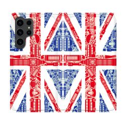 Housse Cuir Portefeuille Pour Samsung Galaxy S23 Ultra Voyage Angleterre Blanc