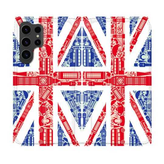 Housse Cuir Portefeuille Pour Samsung Galaxy S23 Ultra Voyage Angleterre Blanc