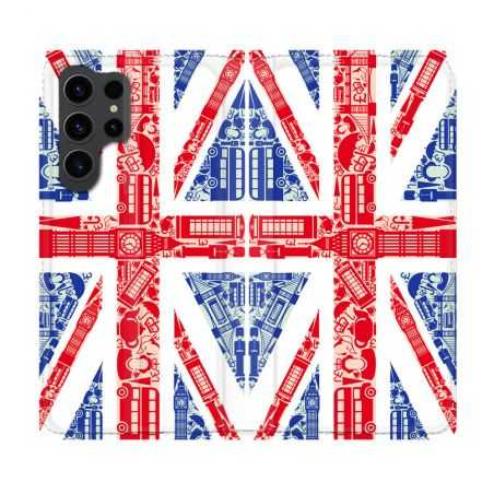 Housse Cuir Portefeuille Pour Samsung Galaxy S23 Ultra Voyage Angleterre Blanc