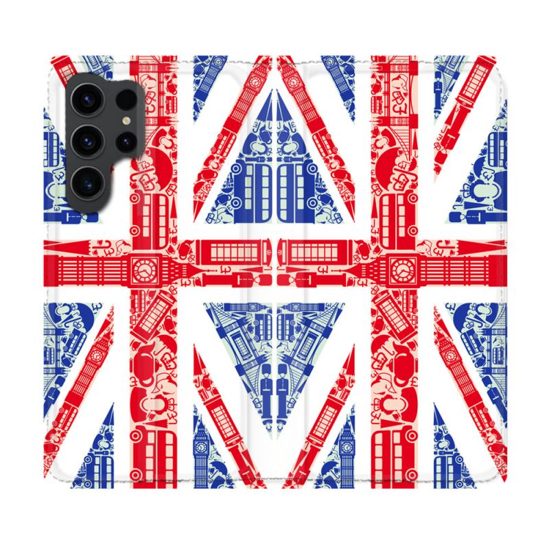 Housse Cuir Portefeuille Pour Samsung Galaxy S23 Ultra Voyage Angleterre Blanc