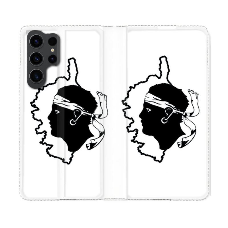 Housse Cuir Portefeuille Pour Samsung Galaxy S23 Ultra Voyage Corse Blanc