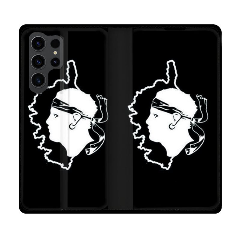 Housse Cuir Portefeuille Pour Samsung Galaxy S23 Ultra Voyage Corse Noir