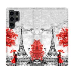 Housse Cuir Portefeuille Pour Samsung Galaxy S23 Ultra Voyage France Paris Rouge