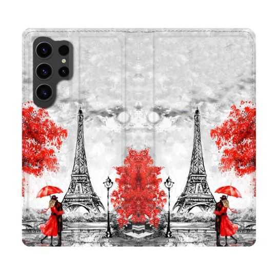 Housse Cuir Portefeuille Pour Samsung Galaxy S23 Ultra Voyage France Paris Rouge