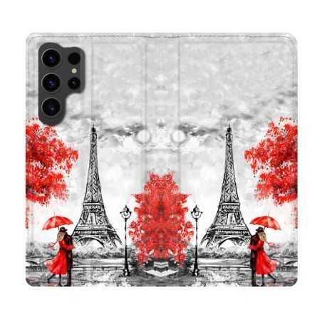 Housse Cuir Portefeuille Pour Samsung Galaxy S23 Ultra Voyage France Paris Rouge