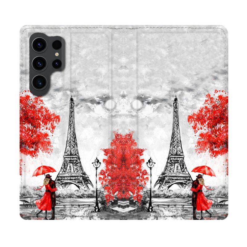Housse Cuir Portefeuille Pour Samsung Galaxy S23 Ultra Voyage France Paris Rouge