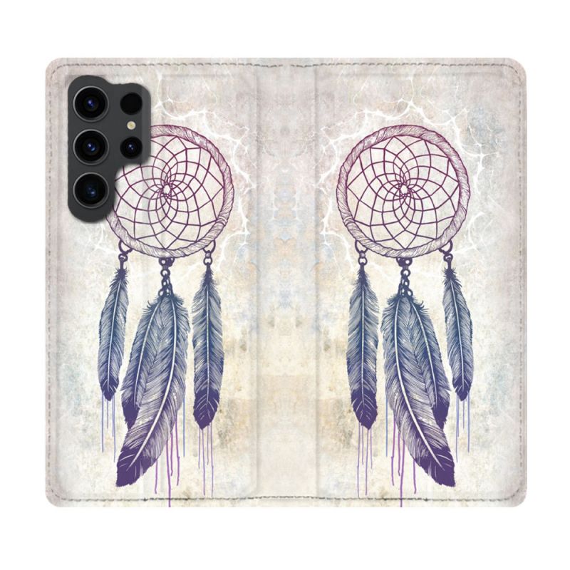 Housse Cuir Portefeuille Pour Samsung Galaxy S23 Ultra Zen Attrape Reve Blanc