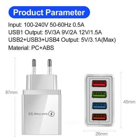 Plug Adaptateur Electrique Multisupport Multiprise Charge Rapide 4 USB Charge Rapide