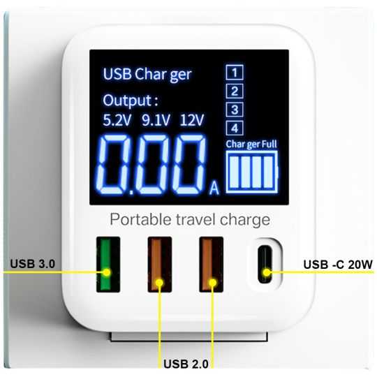 Plug Adaptateur Electrique Multisupport Multiprise Charge Rapide 3 USB 1 USB-C Ecran LED
