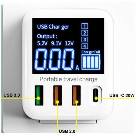 Plug Adaptateur Electrique Multisupport Multiprise Charge Rapide 3 USB 1 USB-C Ecran LED
