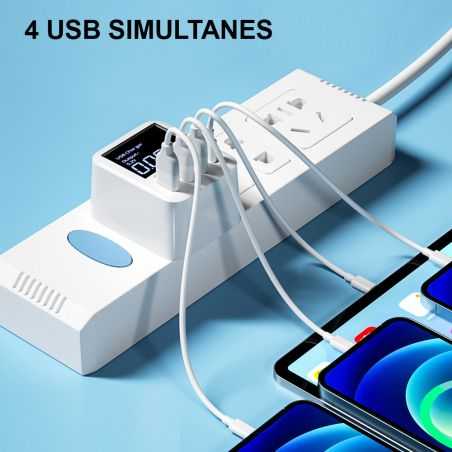 Plug Adaptateur Electrique Multisupport Multiprise Charge Rapide 3 USB 1 USB-C Ecran LED