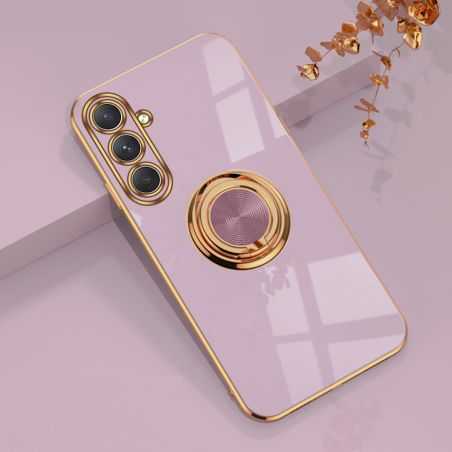 Coque Silicone Luxe Contour Doré Pour Samsung Galaxy A14 4G / 5G Avec Anneau Violet