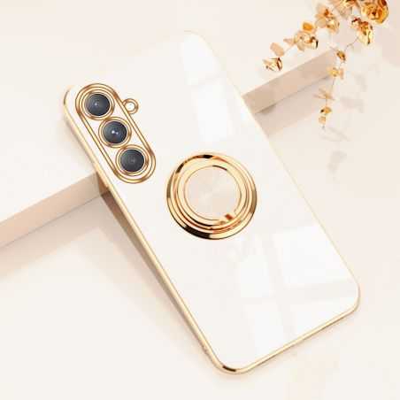 Coque Silicone Luxe Contour Doré Pour Samsung Galaxy A14 4G / 5G Avec Anneau Blanc