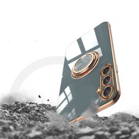 Coque Silicone Luxe Contour Doré Pour Samsung Galaxy A14 4G / 5G Avec Anneau Gris