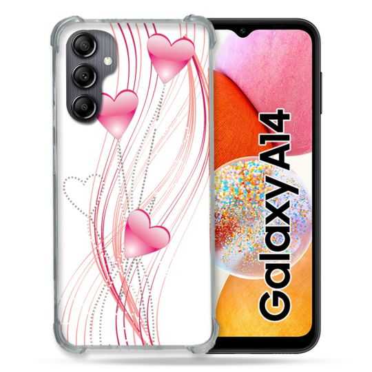 Coque Renforcée En Verre Trempé Pour Samsung Galaxy A14 4G / 5G Amour Coeur Rose Montant sur Blanc