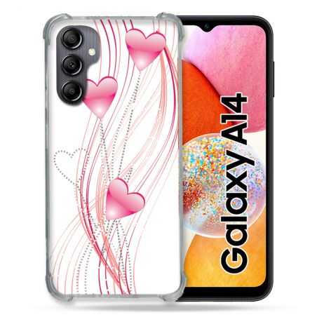 Coque Renforcée En Verre Trempé Pour Samsung Galaxy A14 4G / 5G Amour Coeur Rose Montant sur Blanc