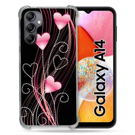 Coque Renforcée En Verre Trempé Pour Samsung Galaxy A14 4G / 5G Amour Coeur Rose Montant sur Noir