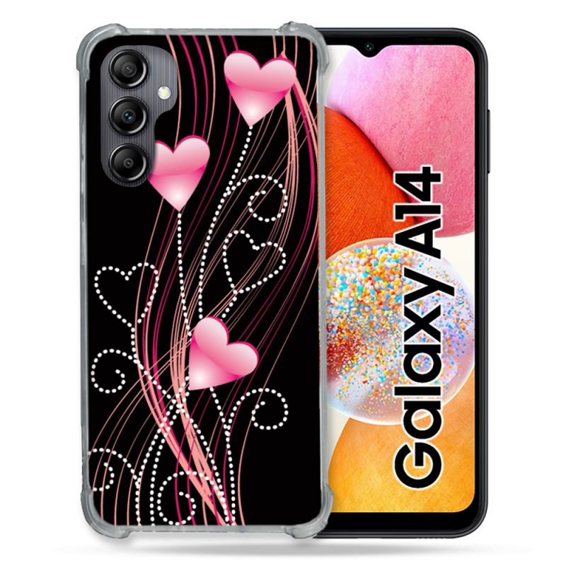 Coque Renforcée En Verre Trempé Pour Samsung Galaxy A14 4G / 5G Amour Coeur Rose Montant sur Noir