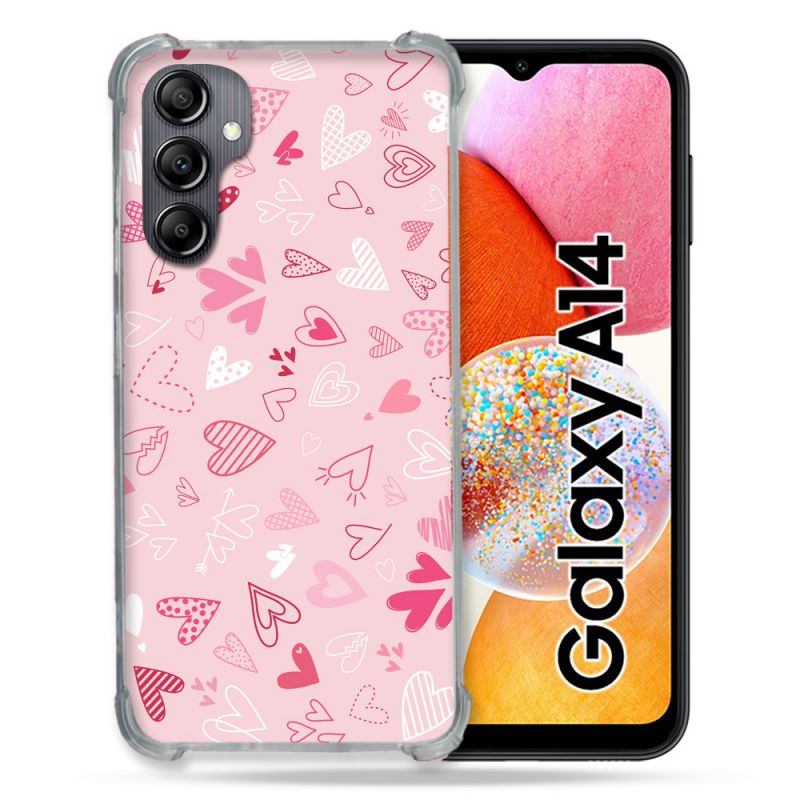 Coque Renforcée En Verre Trempé Pour Samsung Galaxy A14 4G / 5G Amour Ptis Coeurs