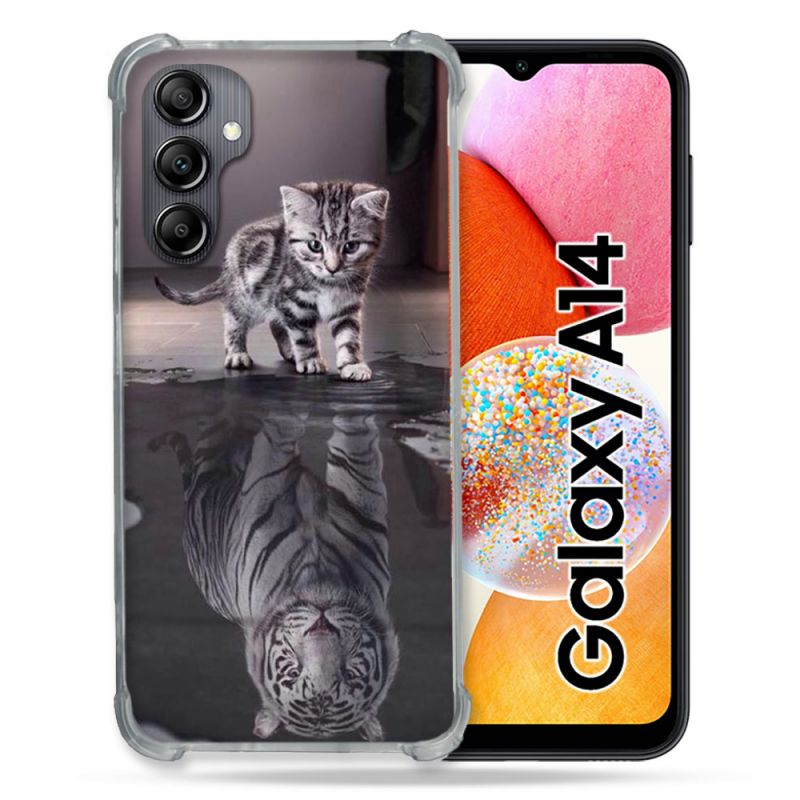Coque Renforcée En Verre Trempé Pour Samsung Galaxy A14 4G / 5G Animal Chat Reflet