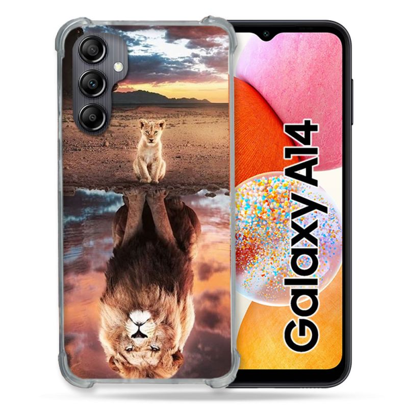 Coque Renforcée En Verre Trempé Pour Samsung Galaxy A14 4G / 5G Animal Lion Reflet