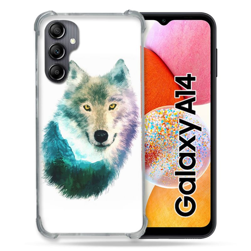 Coque Renforcée En Verre Trempé Pour Samsung Galaxy A14 4G / 5G Animal Loup Montagne