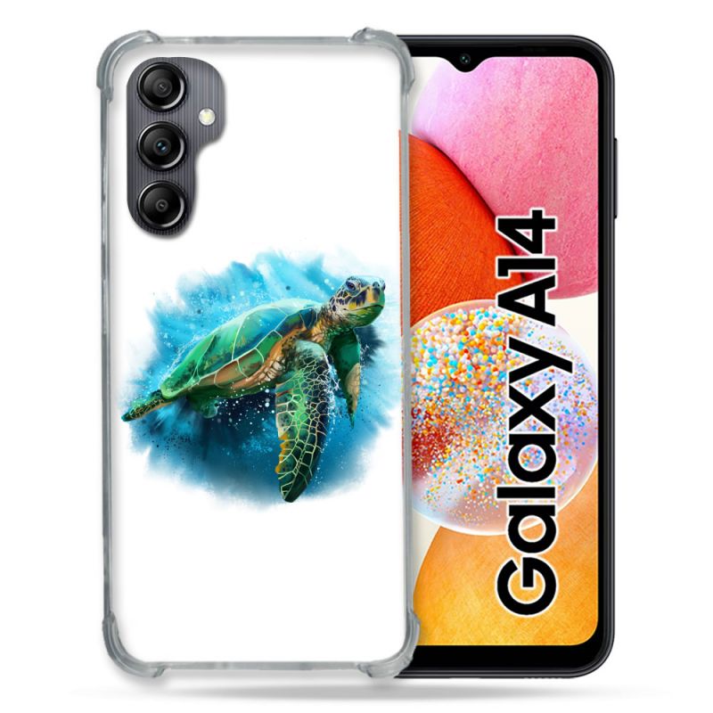 Coque Renforcée En Verre Trempé Pour Samsung Galaxy A14 4G / 5G Animal Tortue Blanche multicolore