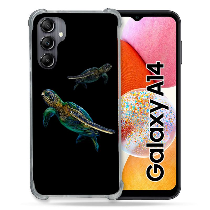 Coque Renforcée En Verre Trempé Pour Samsung Galaxy A14 4G / 5G Animal Tortue Noire multicolore