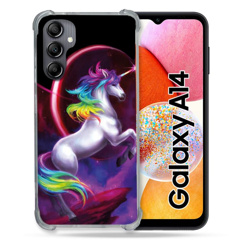 Coque Renforcée En Verre Trempé Pour Samsung Galaxy A14 4G / 5G Fantastique Licorne Arc en ciel