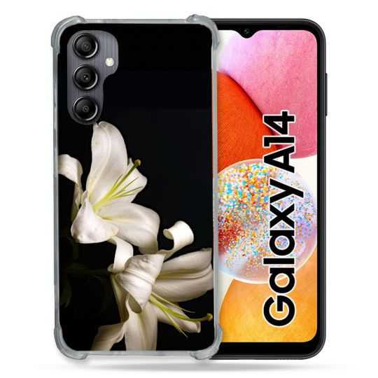 Coque Renforcée En Verre Trempé Pour Samsung Galaxy A14 4G / 5G Fleur Lys Noir