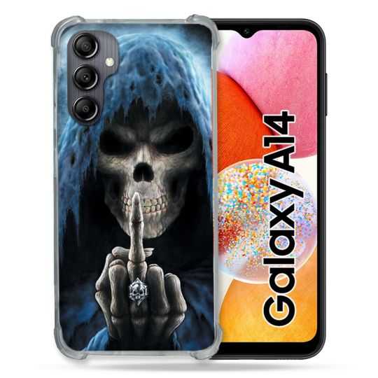 Coque Renforcée En Verre Trempé Pour Samsung Galaxy A14 4G / 5G Tete de Mort Doigt