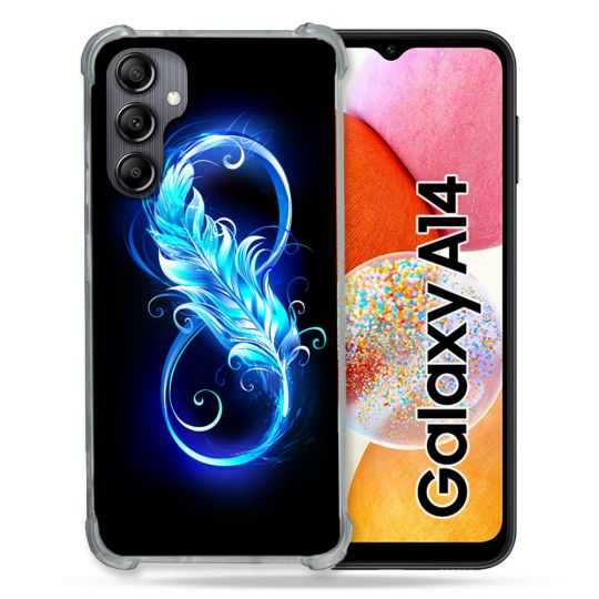 Coque Renforcée En Verre Trempé Pour Samsung Galaxy A14 4G / 5G Texture Plume Infini Bleu