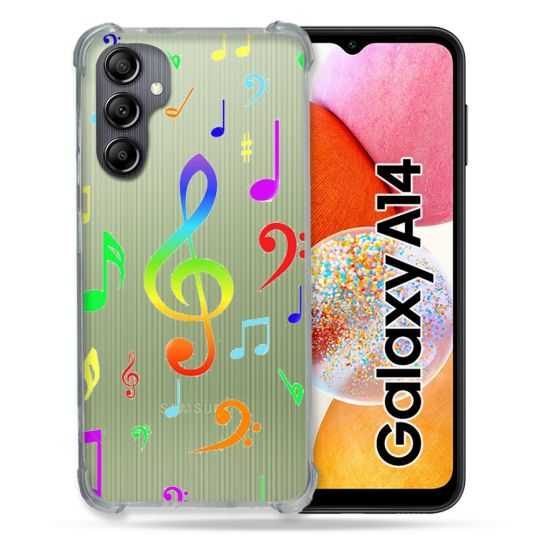 Coque Renforcée En Verre Trempé Transparente Pour Samsung Galaxy A14 4G / 5G Note Musique Colore