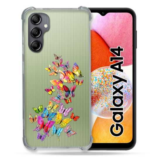 Coque Renforcée En Verre Trempé Transparente Pour Samsung Galaxy A14 4G / 5G Papillon Multicolore