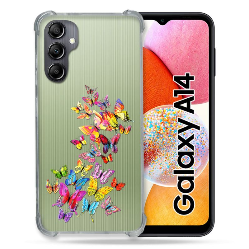 Coque Renforcée En Verre Trempé Transparente Pour Samsung Galaxy A14 4G / 5G Papillon Multicolore