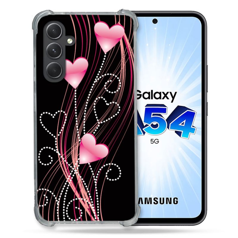 Coque Renforcée En Verre Trempé Pour Samsung Galaxy A54 5G Amour Coeur Rose Montant sur Noir