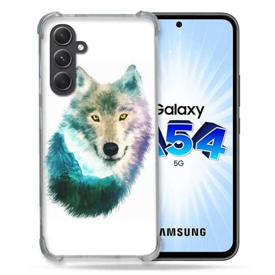 Coque Renforcée En Verre Trempé Pour Samsung Galaxy A54 5G Animal Loup Montagne
