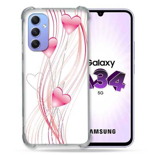 Coque Renforcée En Verre Trempé Pour Samsung Galaxy A34 5G Amour Coeur Rose Montant sur Blanc