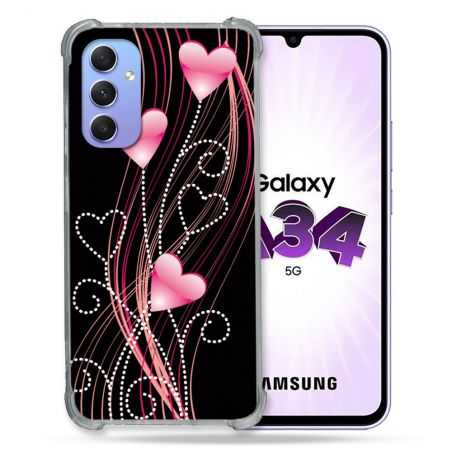 Coque Renforcée En Verre Trempé Pour Samsung Galaxy A34 5G Amour Coeur Rose Montant sur Noir