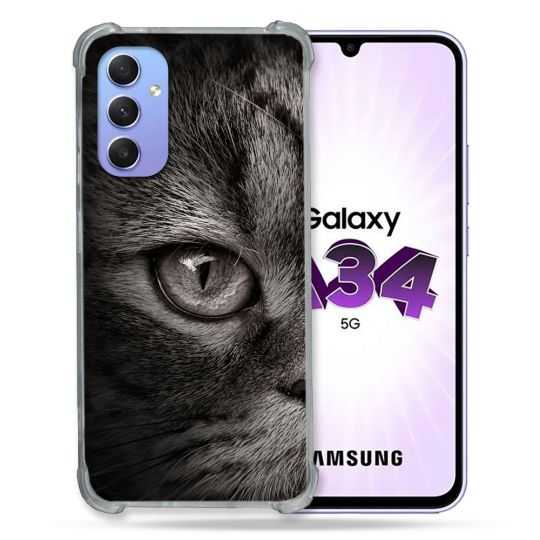 Coque Renforcée En Verre Trempé Pour Samsung Galaxy A34 5G Animal Chat Gris