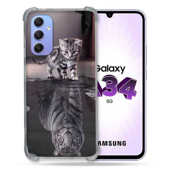 Coque Renforcée En Verre Trempé Pour Samsung Galaxy A34 5G Animal Chat Reflet