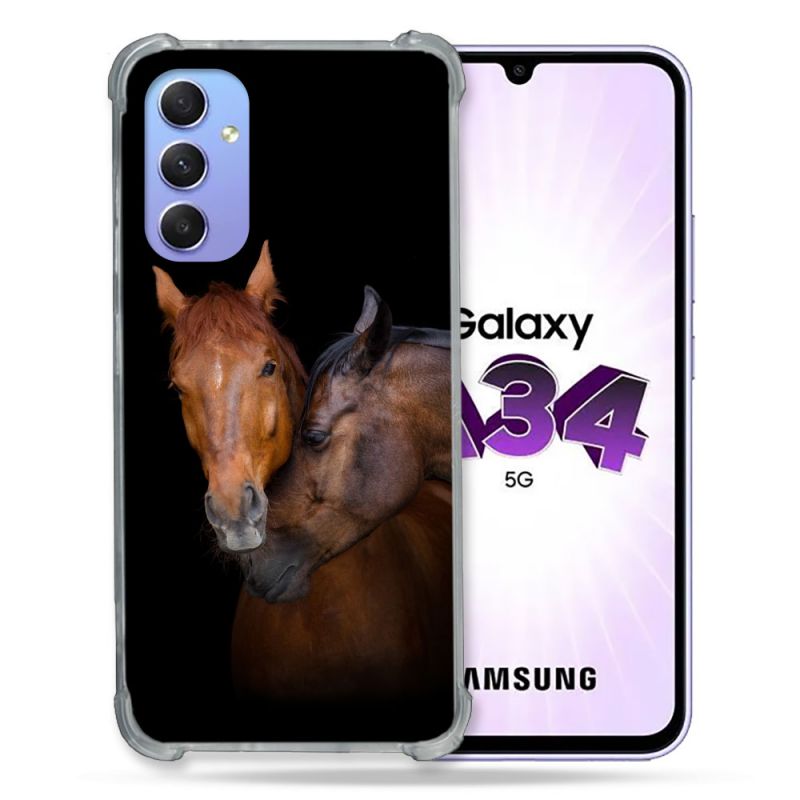 Coque Renforcée En Verre Trempé Pour Samsung Galaxy A34 5G Animal Cheval Marron