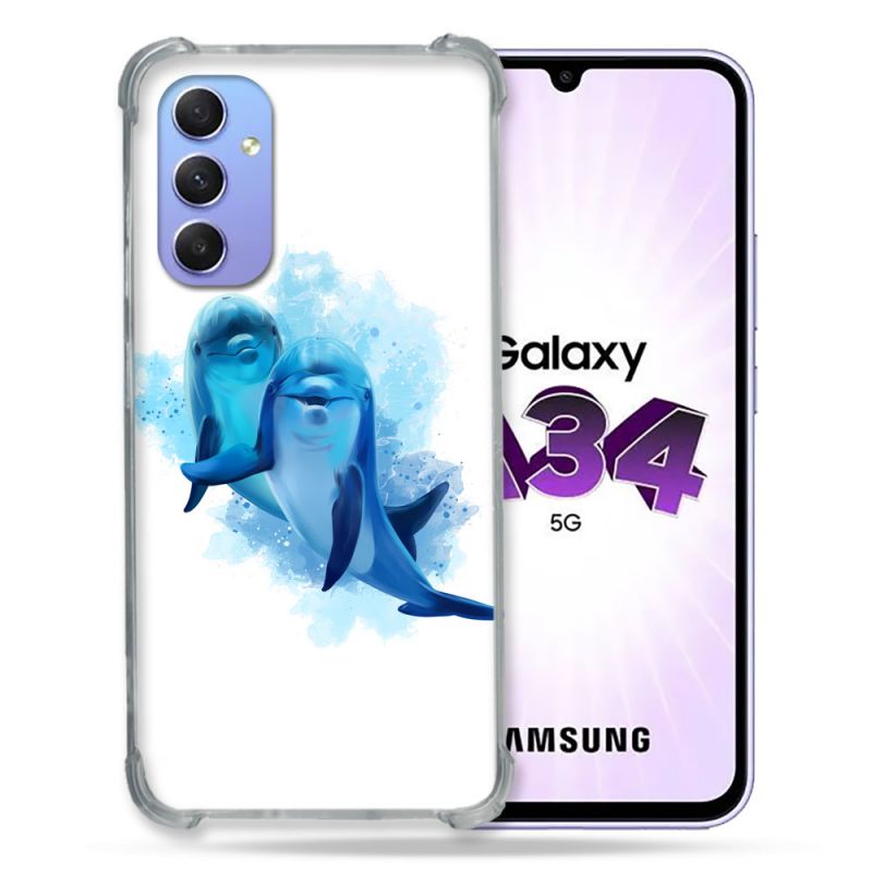 Coque Renforcée En Verre Trempé Pour Samsung Galaxy A34 5G Animal Dauphin Duo