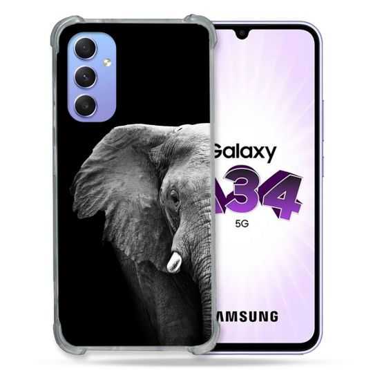 Coque Renforcée En Verre Trempé Pour Samsung Galaxy A34 5G Animal Elephant Noir