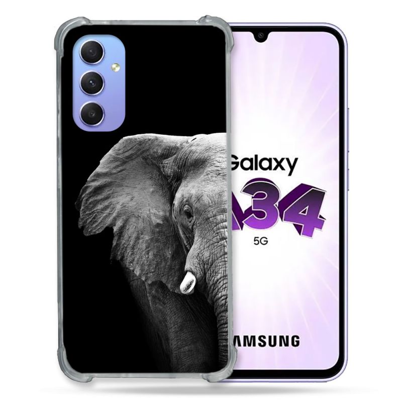 Coque Renforcée En Verre Trempé Pour Samsung Galaxy A34 5G Animal Elephant Noir