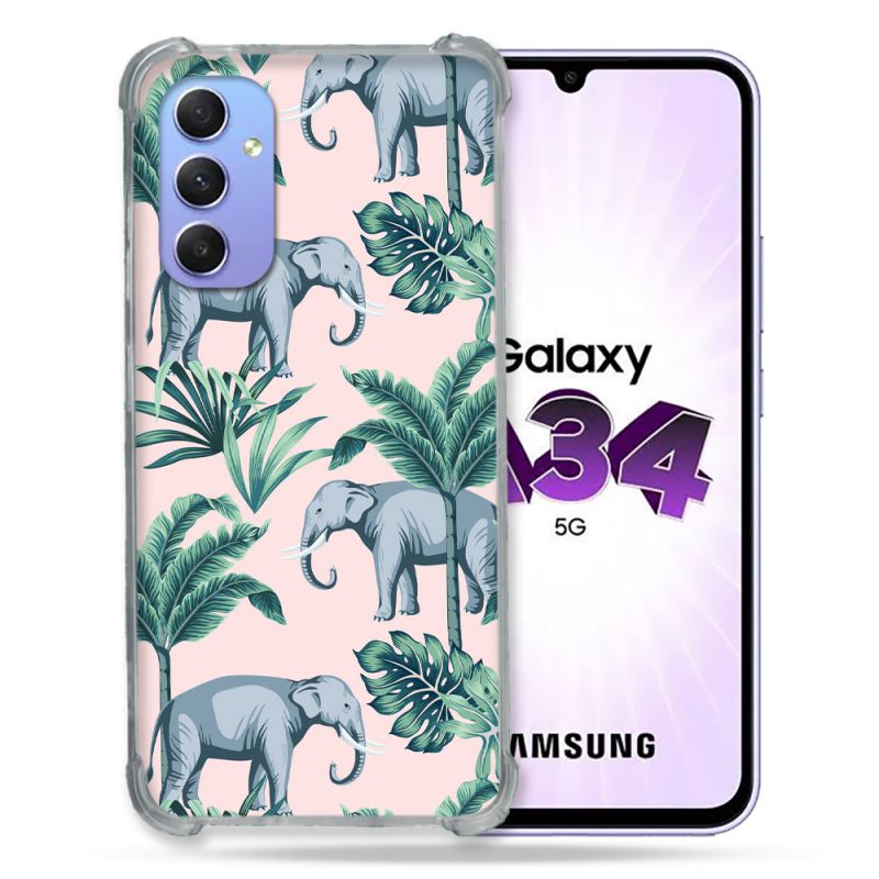 Coque Renforcée En Verre Trempé Pour Samsung Galaxy A34 5G Animal Elephant Pattern